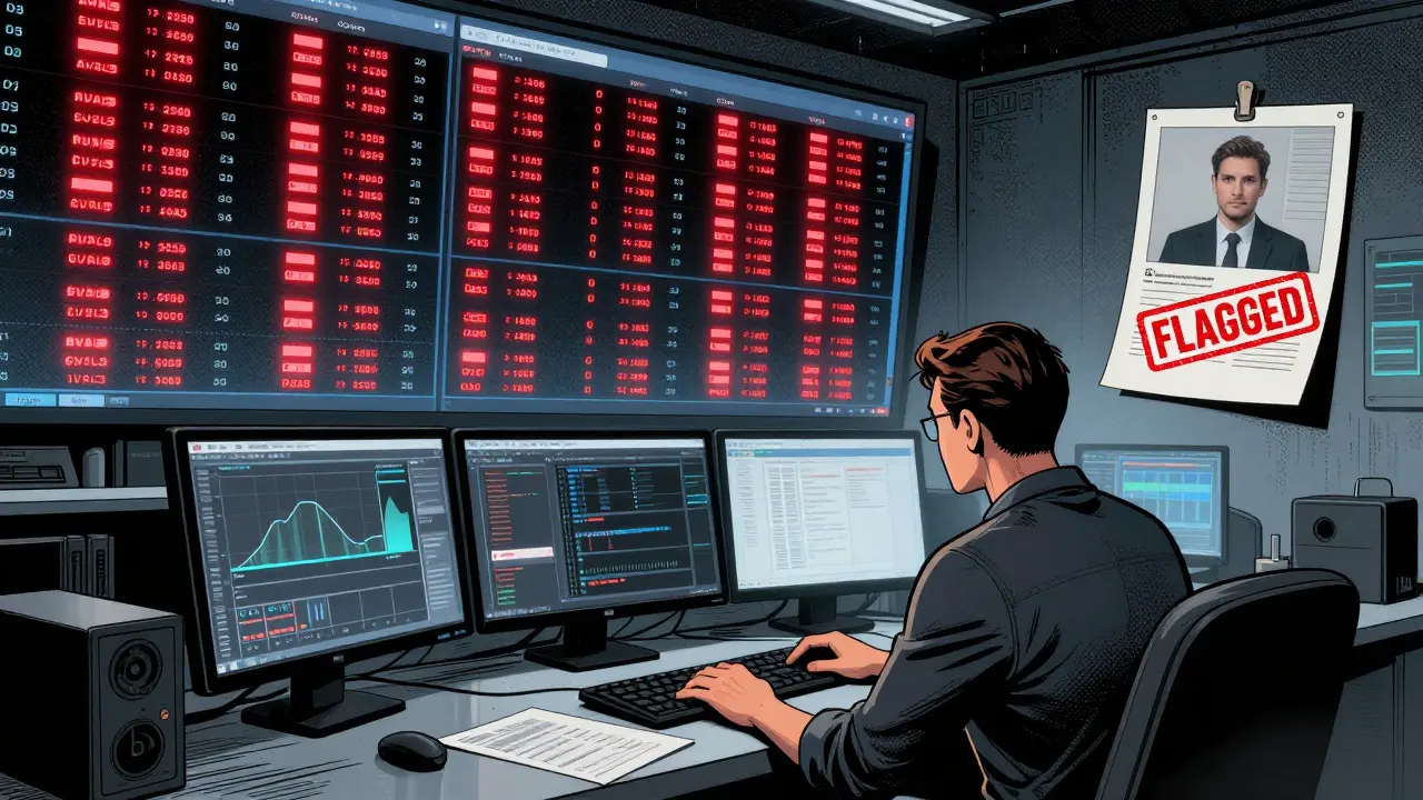 A Sberbank analyst monitors crypto transactions on glowing dashboards filled with red flags and surveillance data in a dim control room.