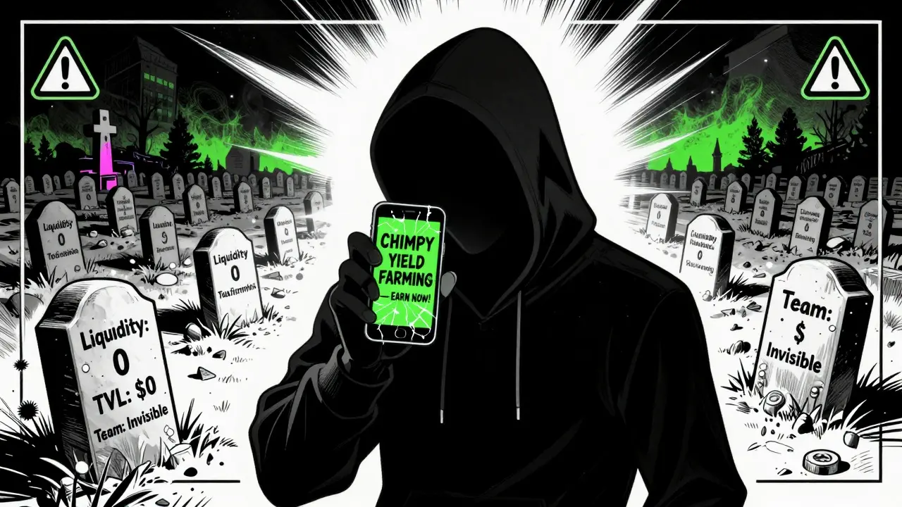 A shadowy figure promotes fake yield farming while a graveyard of dead crypto projects stretches into the distance.