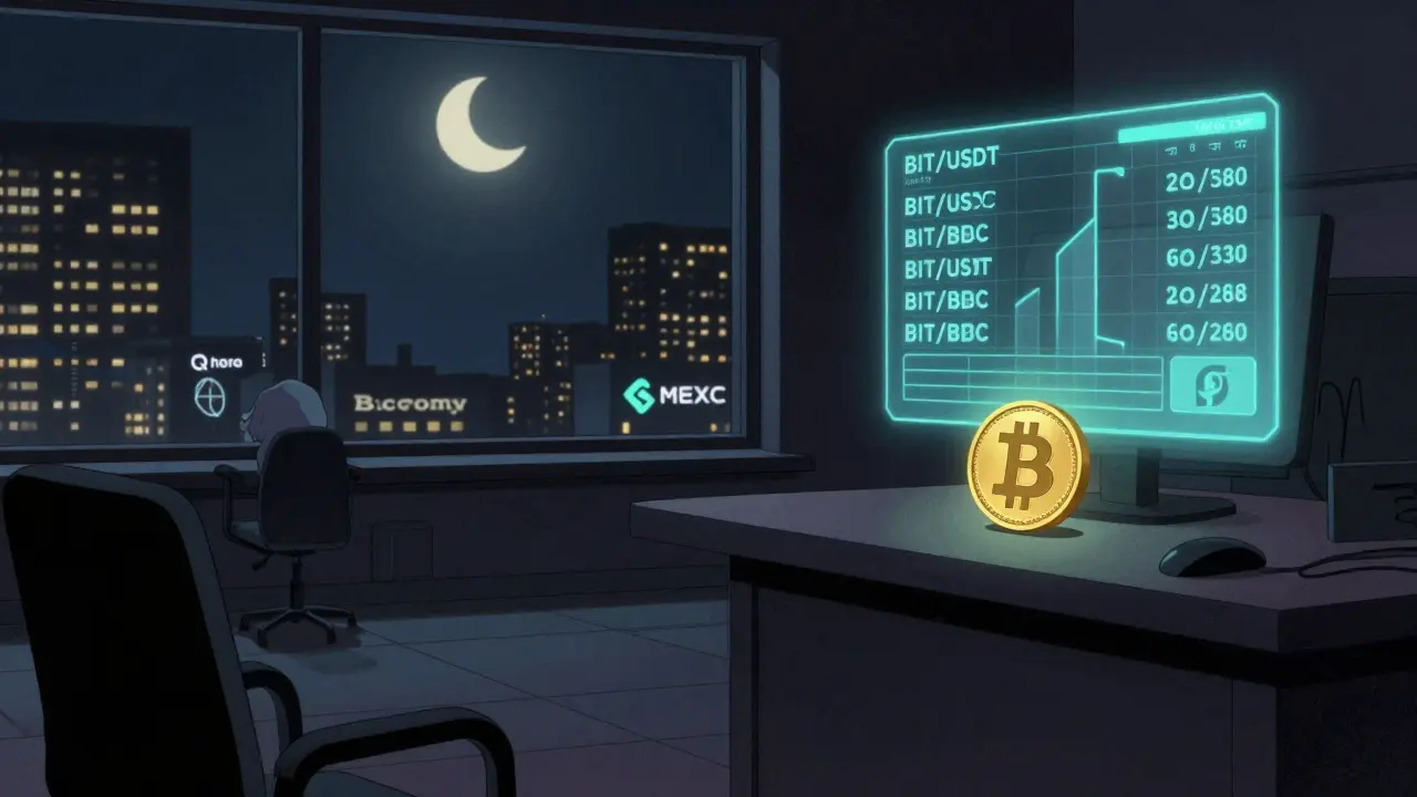A solitary BIT token glows on a console in a quiet exchange floor at night.