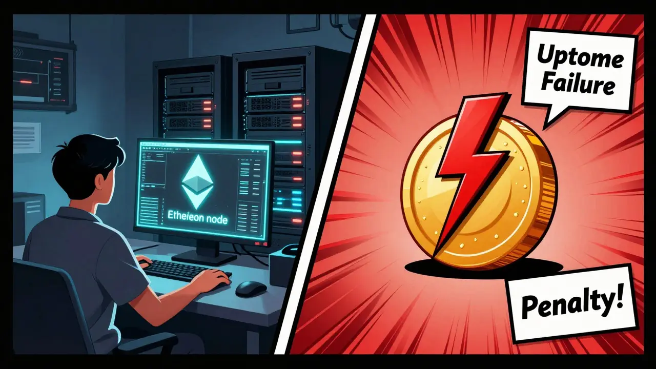 A tech user monitoring a validator server while a red slash symbol warns of penalties.