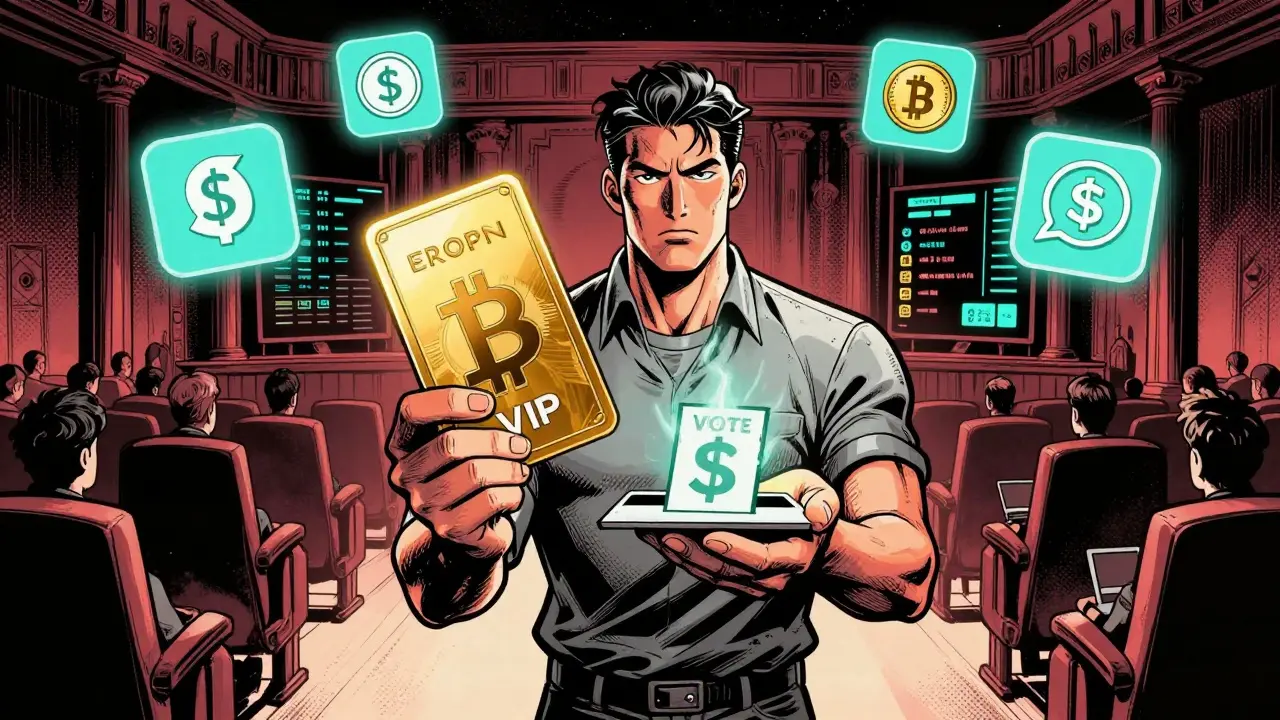 A trader uses a BIT token to unlock VIP benefits and cast a vote on exchange decisions.