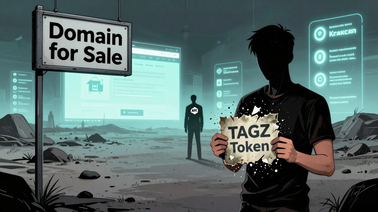 A user watches their TAGZ token crumble as a 'Domain for Sale' sign looms, while real exchanges glow in the distance under a mocking shadow.