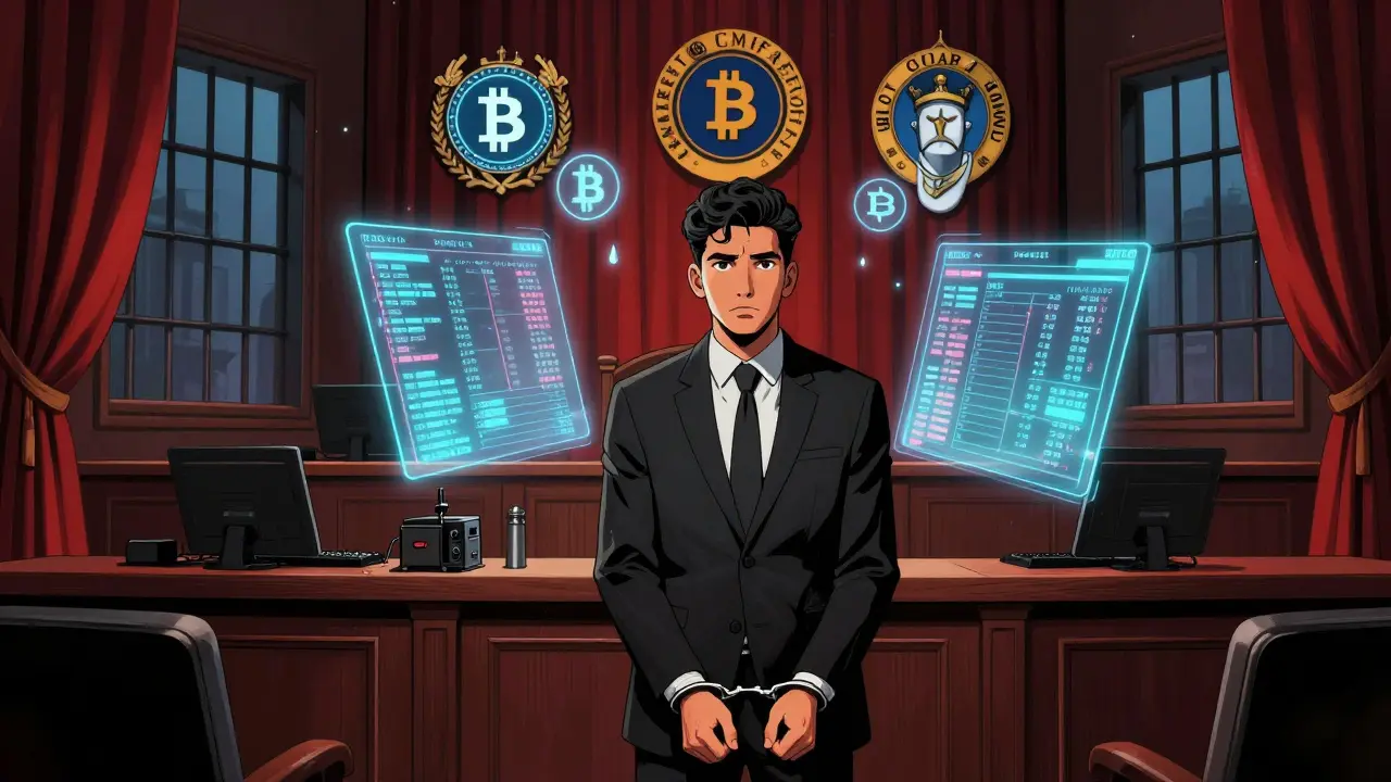 A young entrepreneur stands trial in court as holograms of crypto assets float above them, surrounded by government emblems.