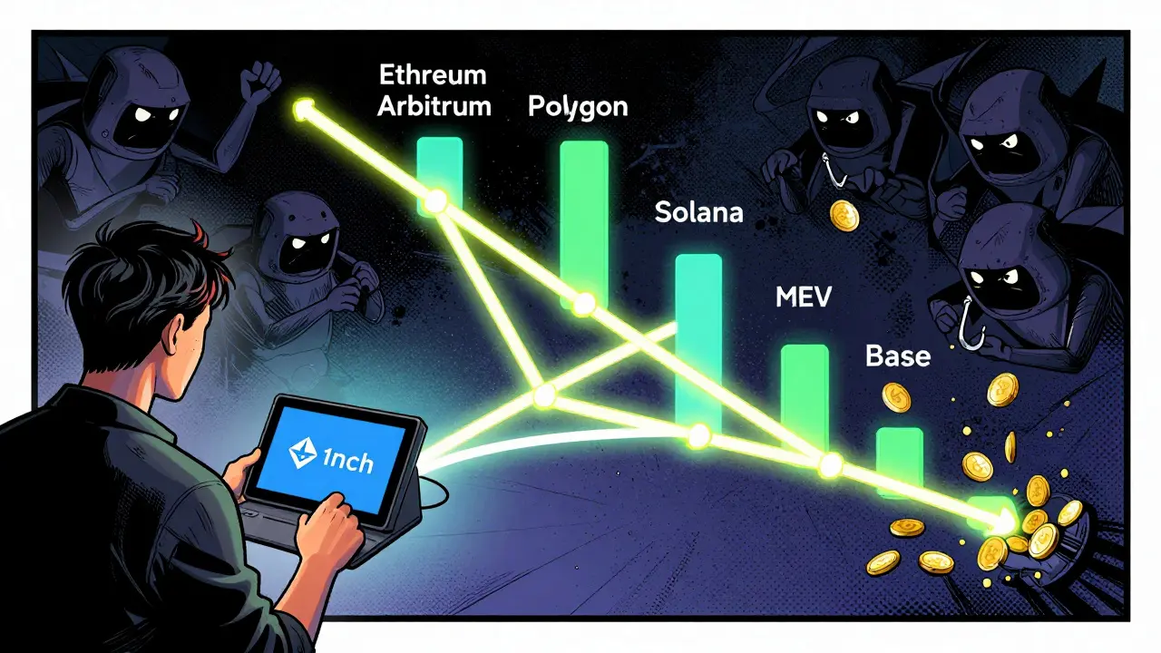 An aggregator splitting a trade across multiple blockchain chains, with costs decreasing toward Base, while MEV bots lurk.
