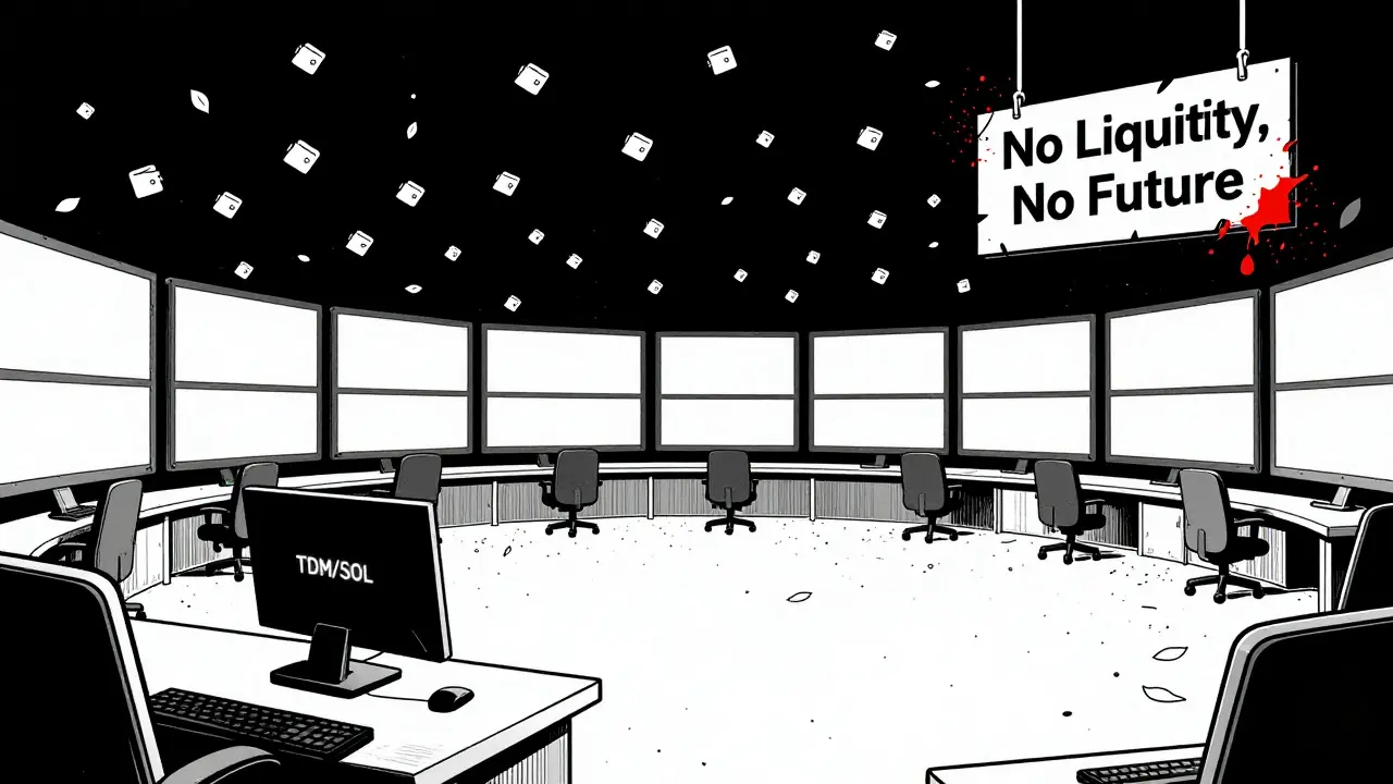 An empty crypto trading floor with one flickering TDM/SOL pair and thousands of scattered wallet icons, symbolizing collapse.