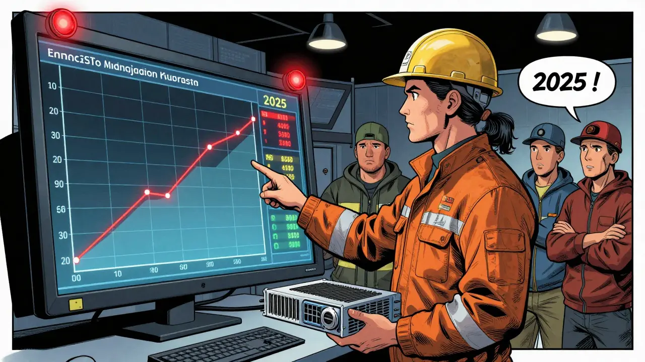 An engineer at a control center points to a grid monitor showing mining use exceeding homes, while miners hold old and new hardware.
