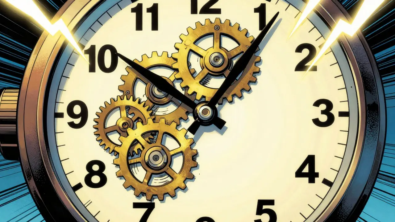 Clock with 15-minute intervals and lightning bolts for staking