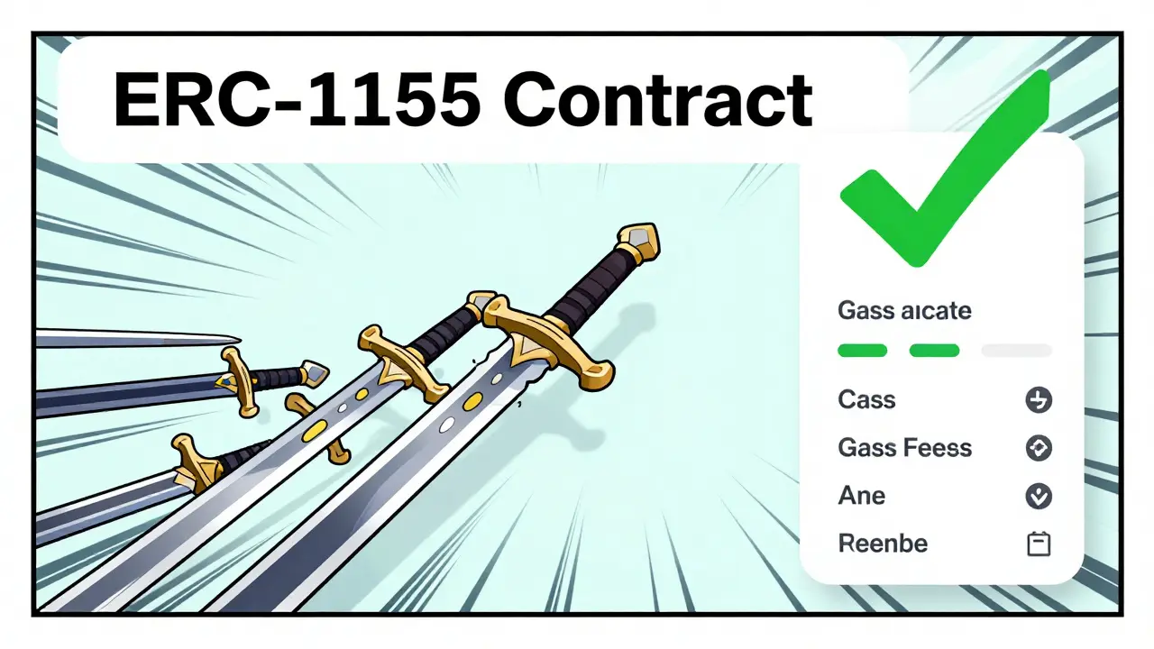 ERC-1155 standard efficiently transferring multiple sword types in a single transaction.