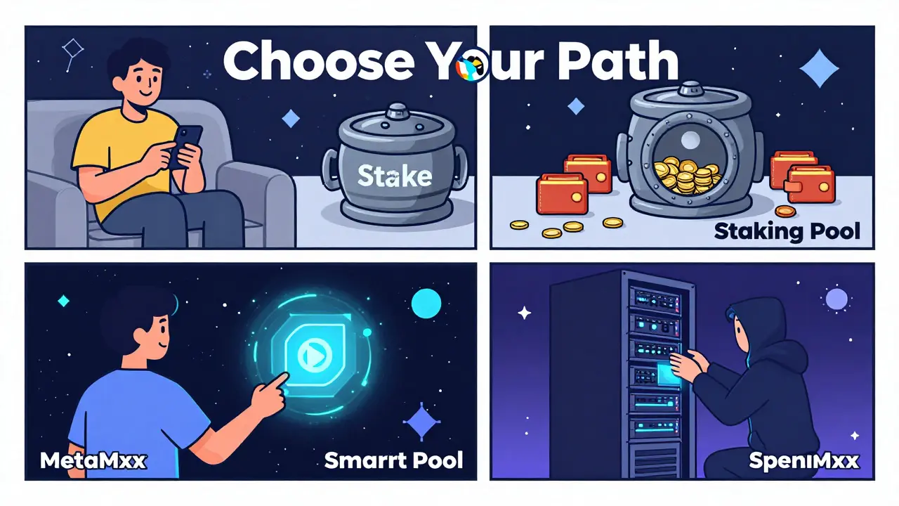 Four panels showing different ways to stake crypto: exchange, pool, wallet, and solo validator.