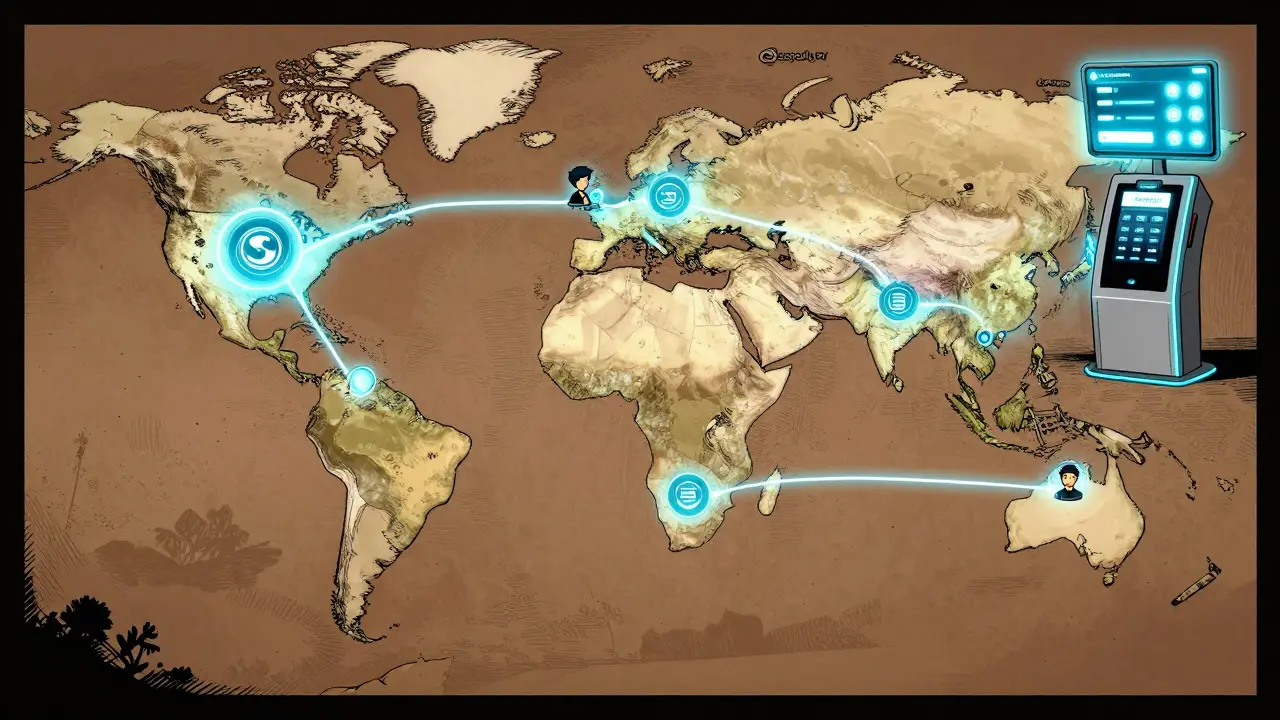 Global map lit by SCOP token pathways, showing user activity in Southeast Asia and Latin America with Scopuly Pay terminals glowing in the distance.