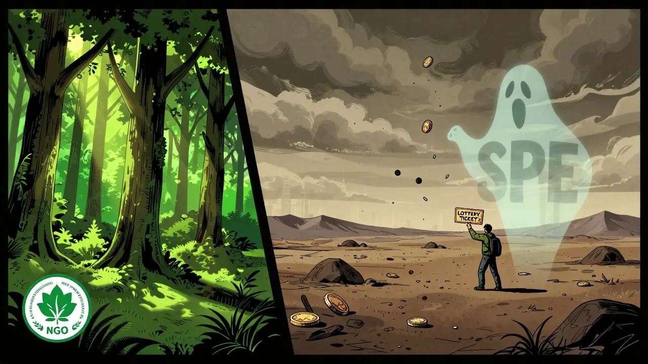 Split scene: vibrant real forest vs. barren digital wasteland with falling SPE coins, one figure holding a lottery ticket.