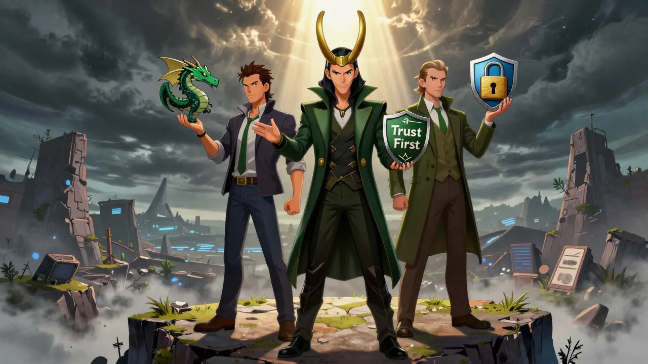 The ZooCW founding team standing together overlooking their metaverse, holding symbols of their expertise, with CryptoZoo's ruins in the distance.