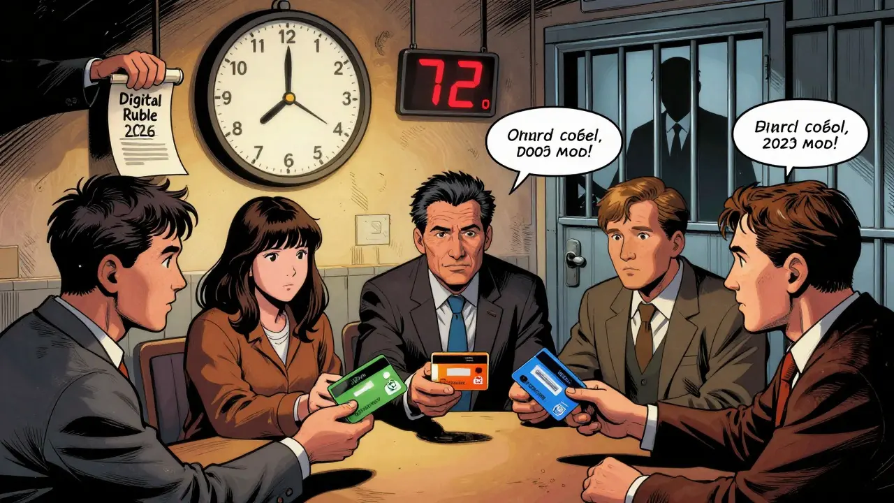 Three Russians pass bank cards between them under a ticking clock, while a government figure looms behind with a 'Digital Ruble 2026' scroll.