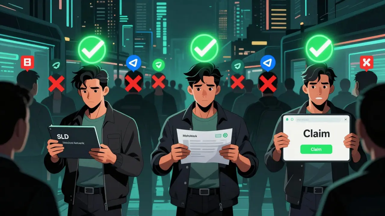 Three users successfully claiming SLD tokens while others fail, set in a cyberpunk digital marketplace.