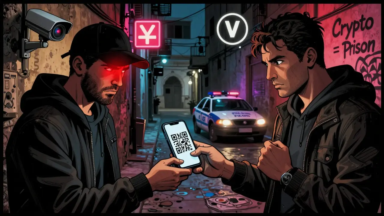 Two people conduct a secret crypto cash trade in a Tunisian alley, under surveillance from police and bank cameras.