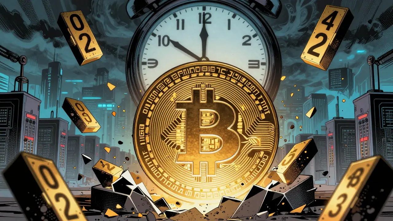 A Bitcoin block sealed with a glowing nonce at its center, surrounded by falling 32-bit number fragments and a looming difficulty adjustment clock.
