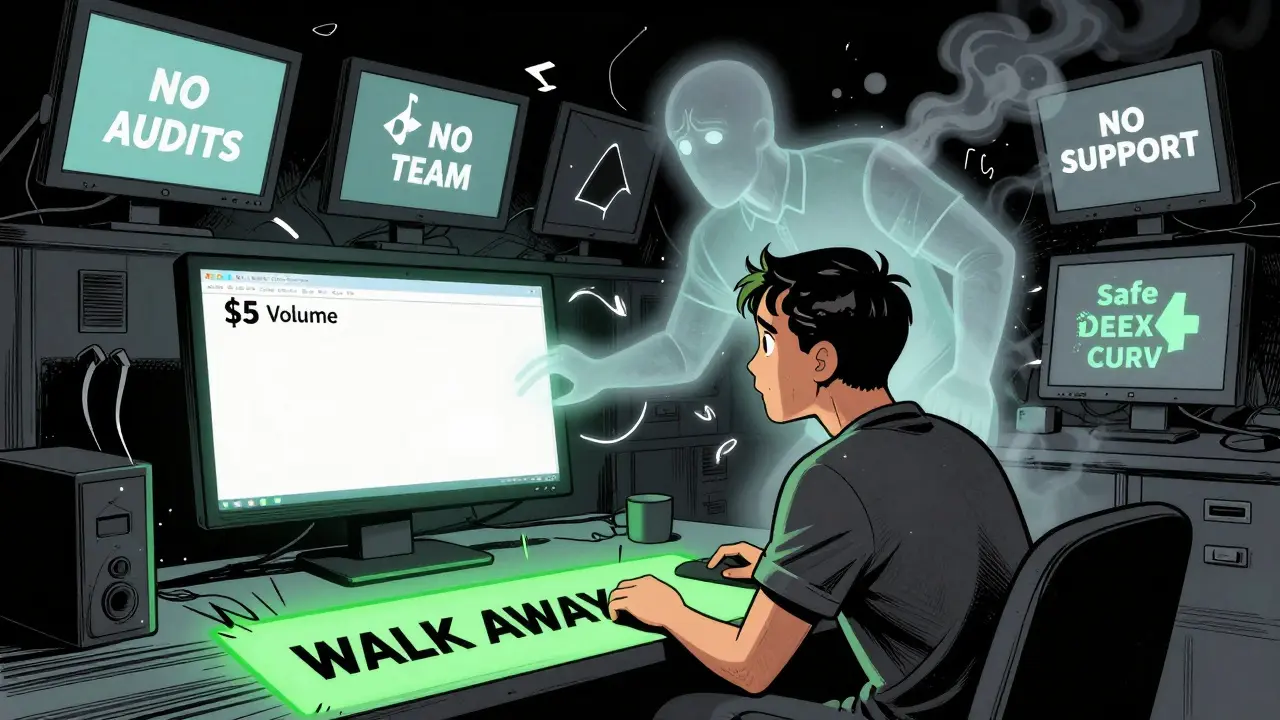 A confused user facing a blank trading screen as a developer vanishes, with paths leading to safe exchanges.