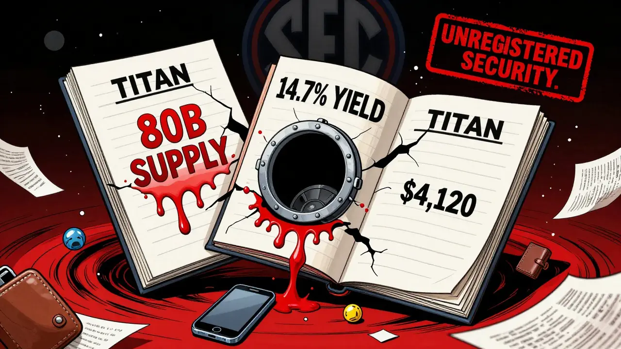 A cracked blockchain ledger with three failing TITAN projects, overshadowed by a warning from the SEC.