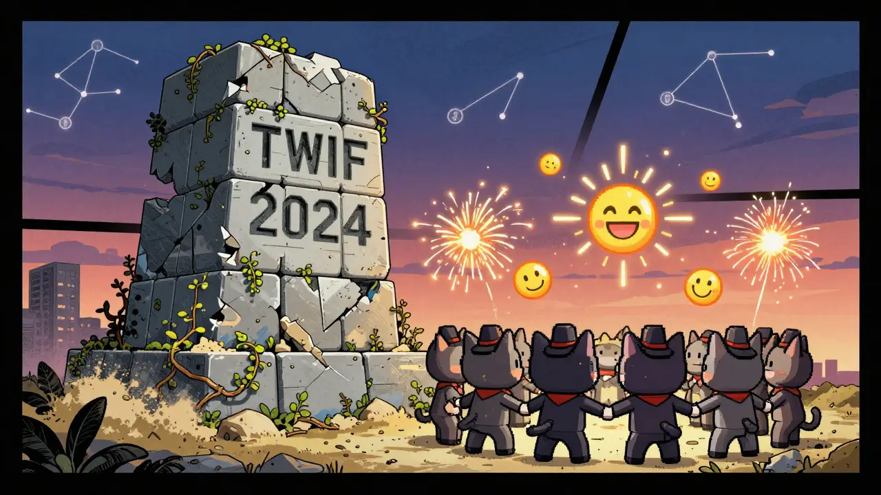 A crumbling TWIF monument is covered in vines, while a circle of cat memes smiles under a sky of crypto-shaped stars.