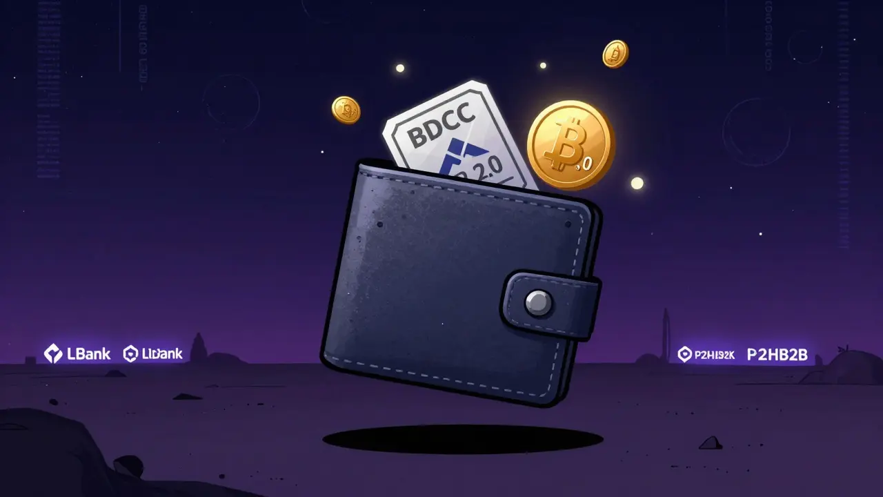 A crypto wallet floating in space with BDCC tokens glowing, distant exchange logos visible in the background.