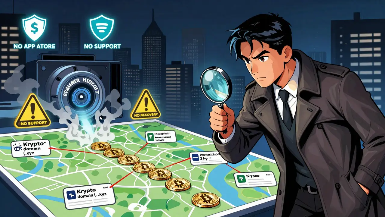 A detective tracing stolen crypto from a scam site through blockchain trails to a hidden vault.