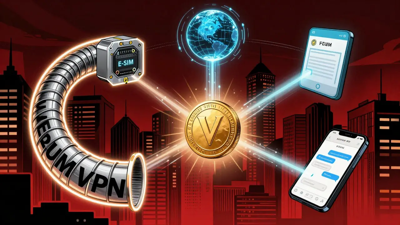 A digital ecosystem linking Verum VPN, E-SIM, and Messenger through a central VERUM coin, symbolizing privacy integration.