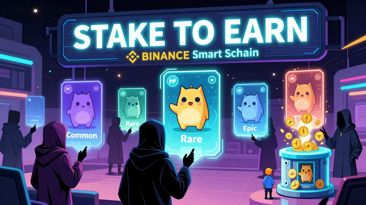 A futuristic NFT marketplace with floating MOMO characters and a 'Stake to Earn' sign, under a Binance Smart Chain logo.