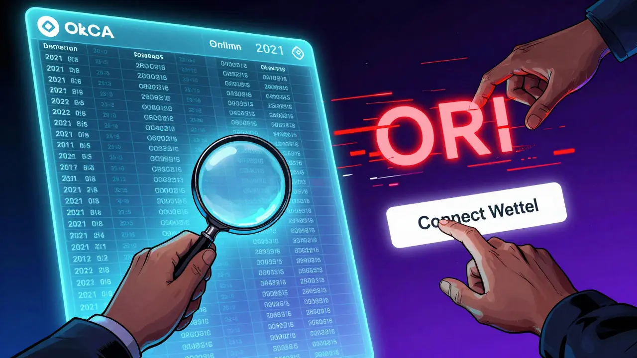 A glowing Solana blockchain showing real ORCA token distribution next to a glitching fake ORI contract, with cautious and greedy hands reaching toward each.