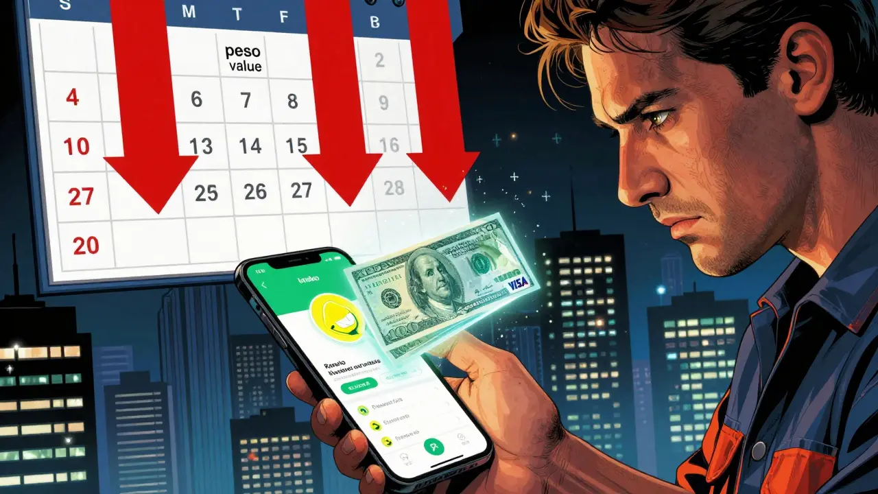 A mechanic in Argentina converts his paycheck into USDC via the Lemon app, with a digital Visa card floating nearby.