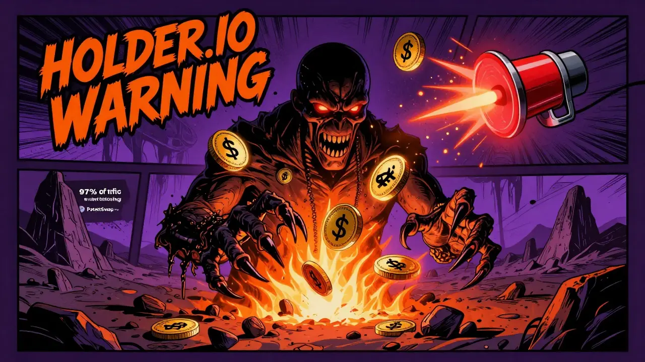 A MetaMask wallet being drained by a sinister smart contract, with alarm sirens and zero liquidity tokens.