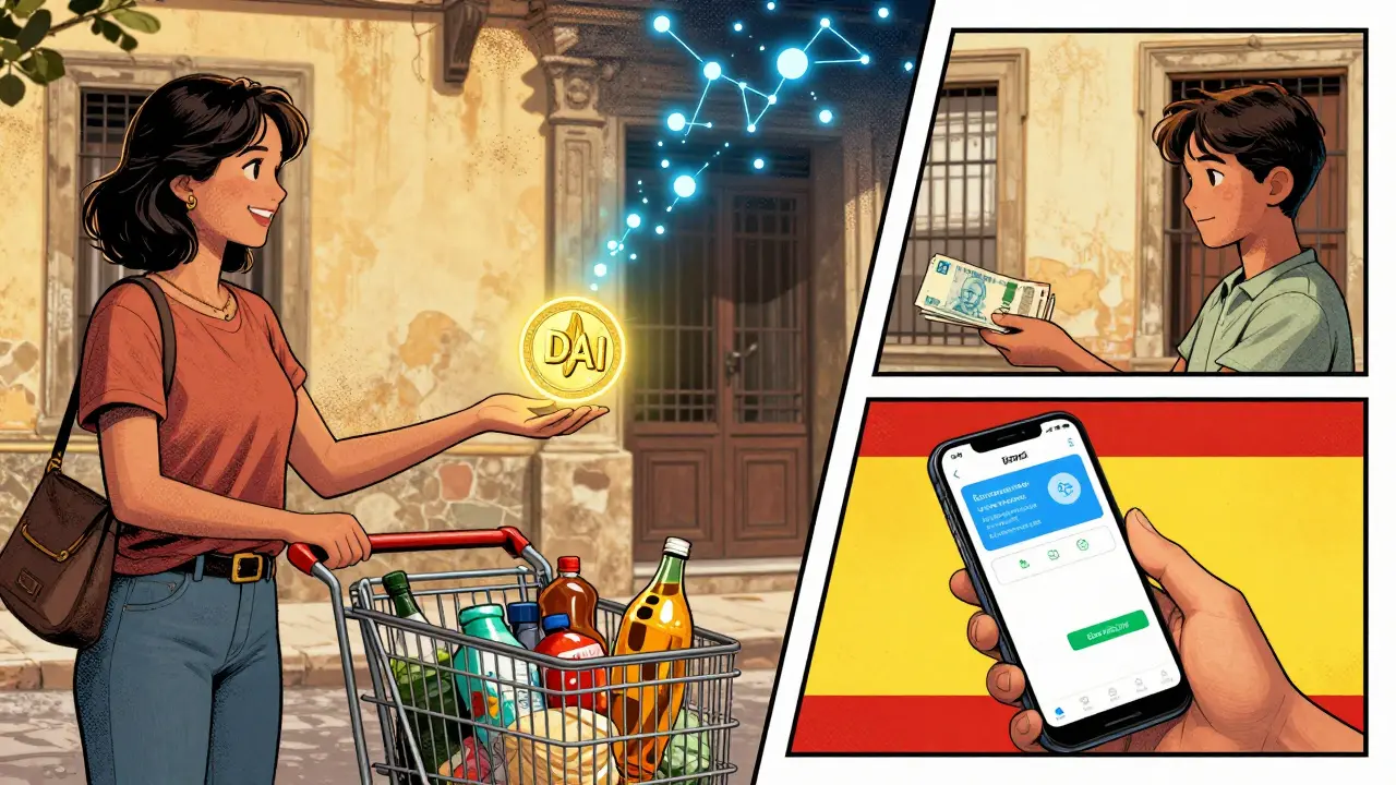 A mother in Argentina receives a crypto remittance that transforms into pesos, while a glowing DAI token descends from above.