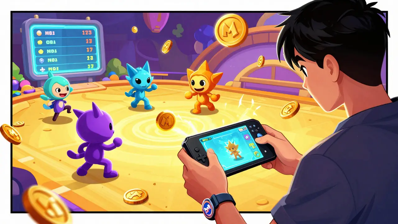 A player competing in MOMO Token Master, battling for gold coins with glowing NFT avatars on a handheld screen.
