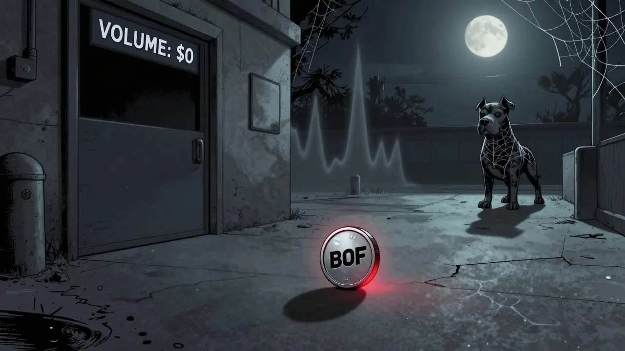 A single BOF token rolls alone across an empty digital marketplace toward a closed door, with a weathered mascot statue in the distance.