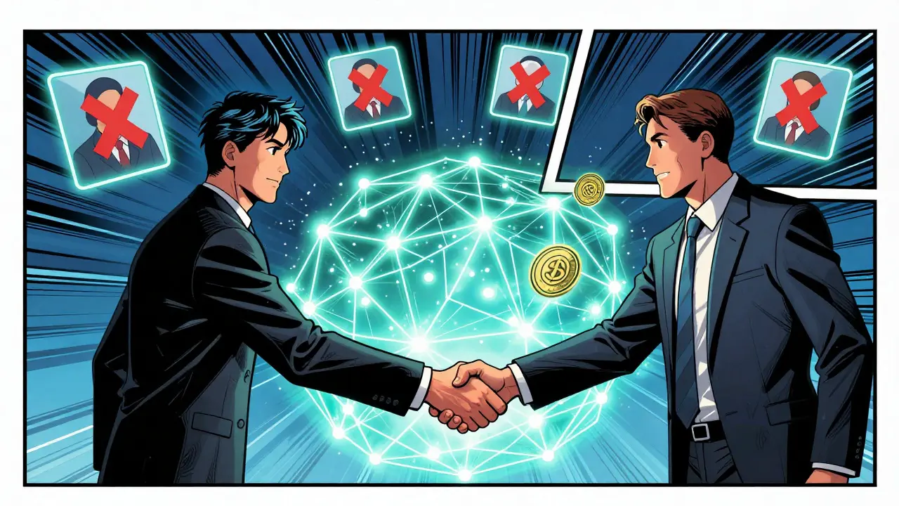 A smart contract automatically transfers property ownership as middlemen are marked with X's, surrounded by digital blockchain energy.