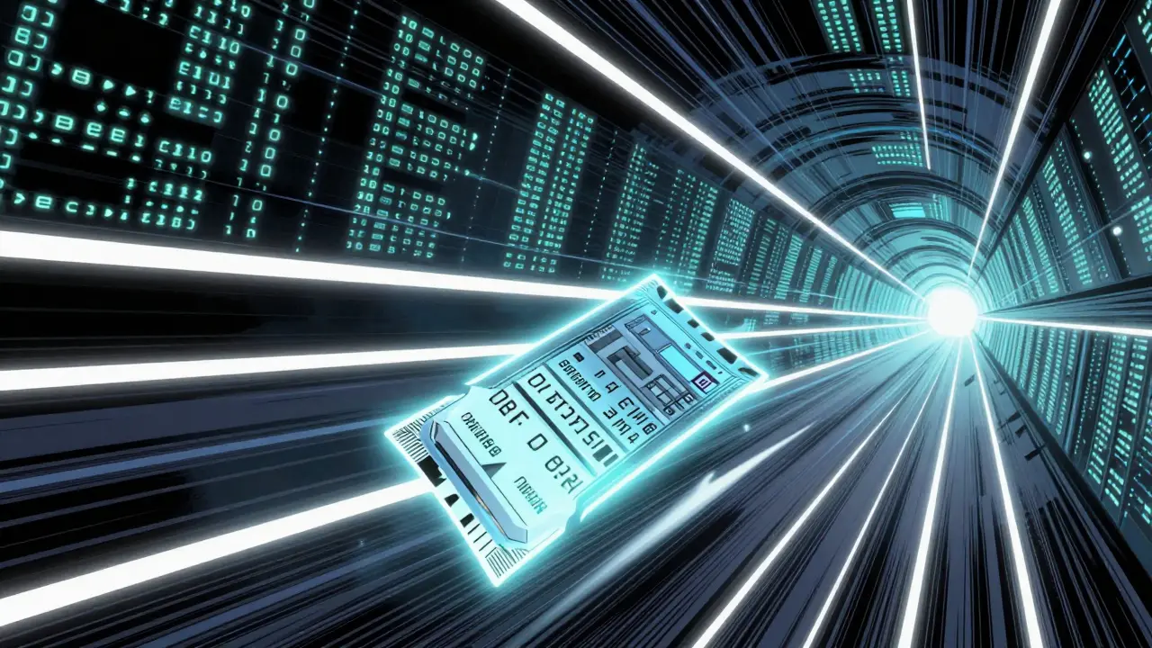 A speeding data packet rushing through a tunnel of light representing fast transaction finality.