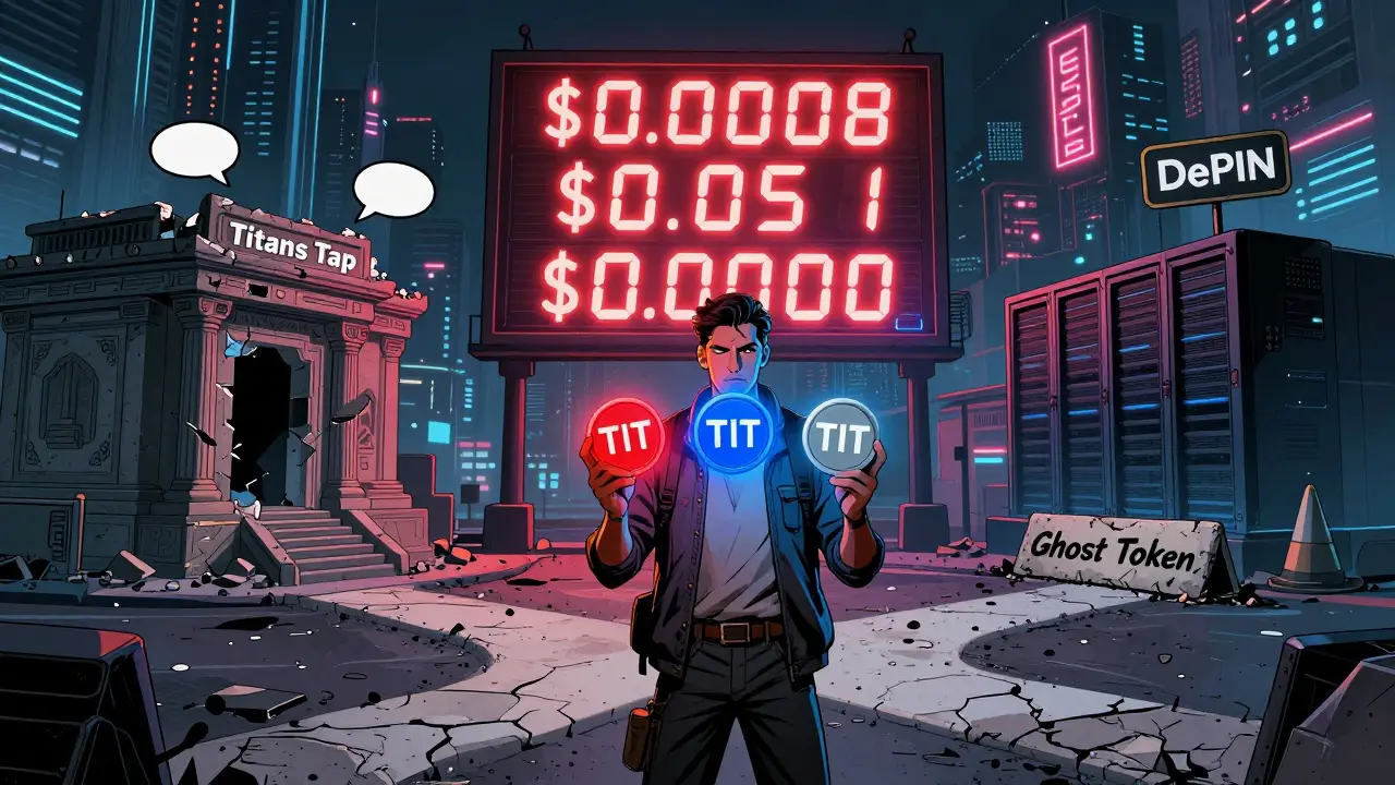 A trader at a crossroads holding three glowing TIT tokens, with conflicting prices on a neon billboard.