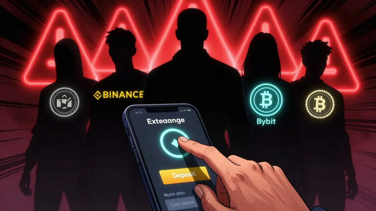 A trader clicking deposit on a fake exchange while legitimate crypto platforms glow confidently in the background.