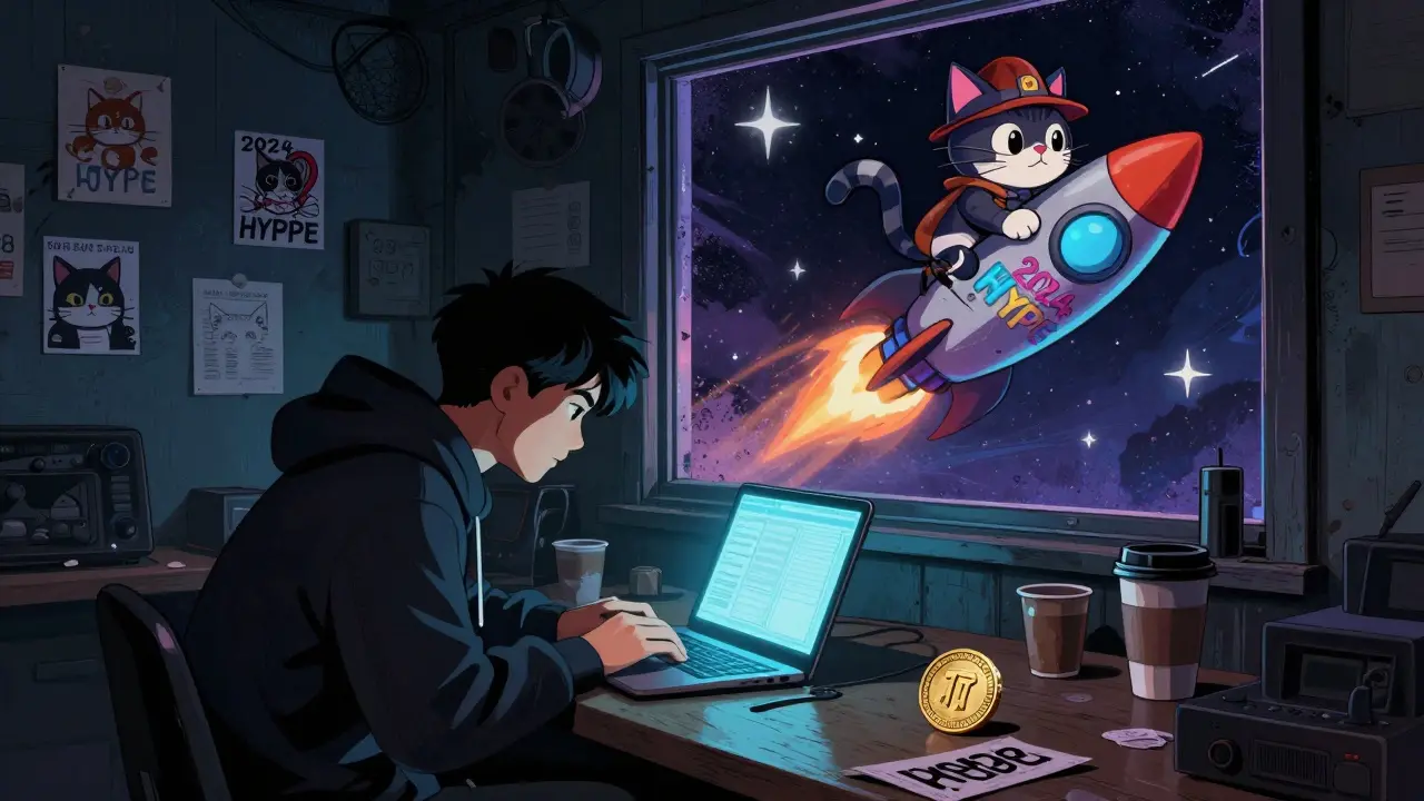 A trader in a hoodie stares at a laptop surrounded by cat memes, as a cartoon cat in a hat rockets into space outside the window.