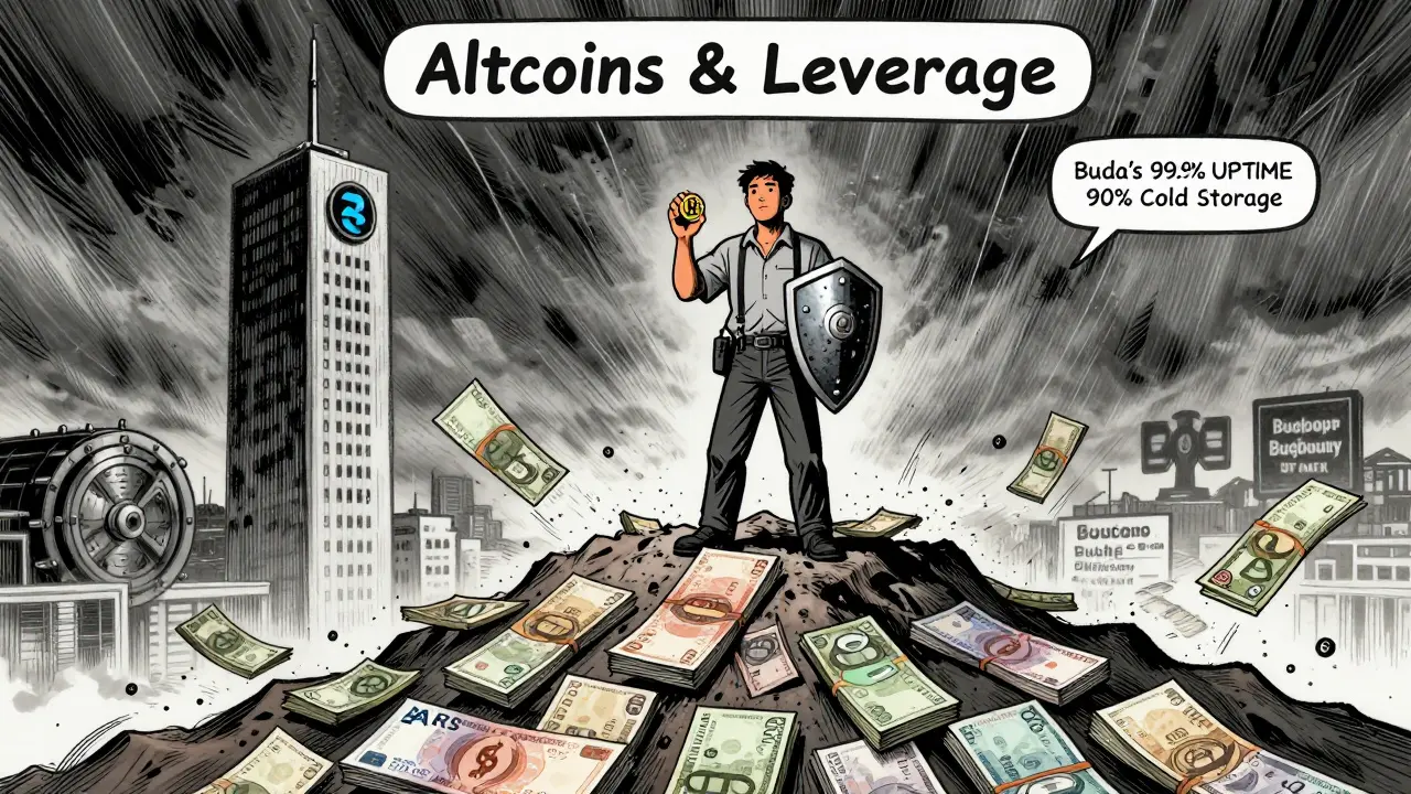 A trader standing tall on local currency with Buda's security vault behind them, rejecting altcoins and leverage.