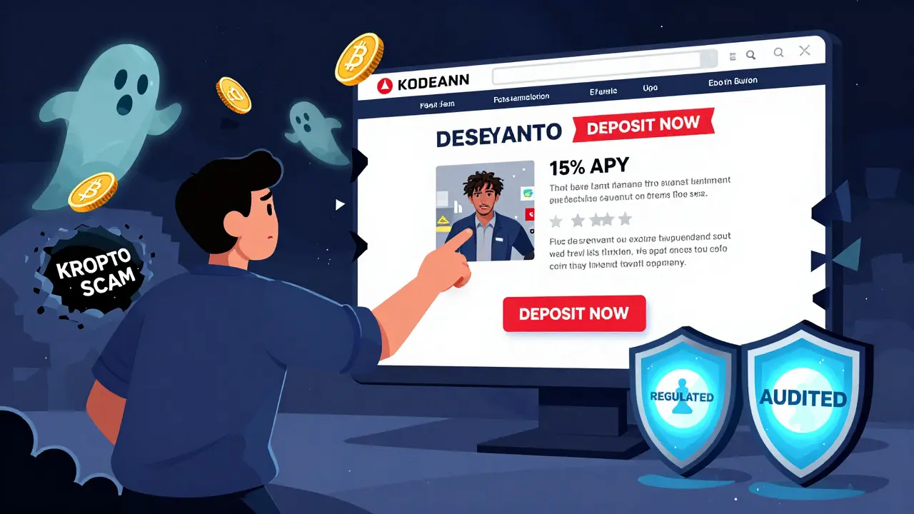 A user clicking a fake deposit button while real exchanges stand strong behind glowing shields.