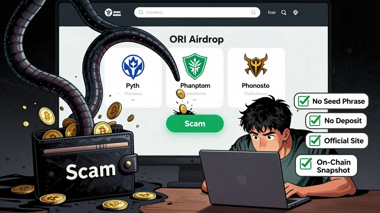 A wallet being drained by code tentacles from a fake ORI site, while a user realizes the scam surrounded by verification checkmarks and real airdrop logos.