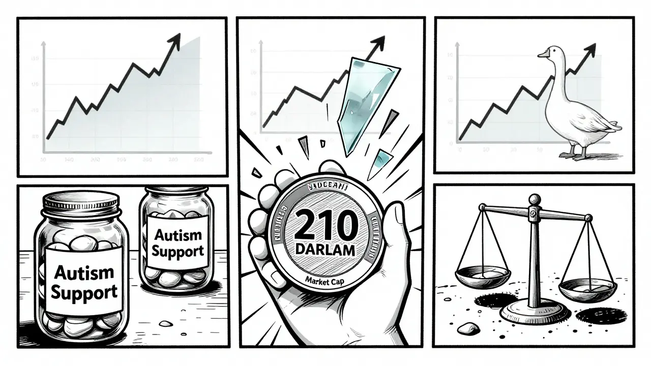A wallet holds billions of DARAM tokens beside empty charity jars and shattered price charts, under a faint goose silhouette.