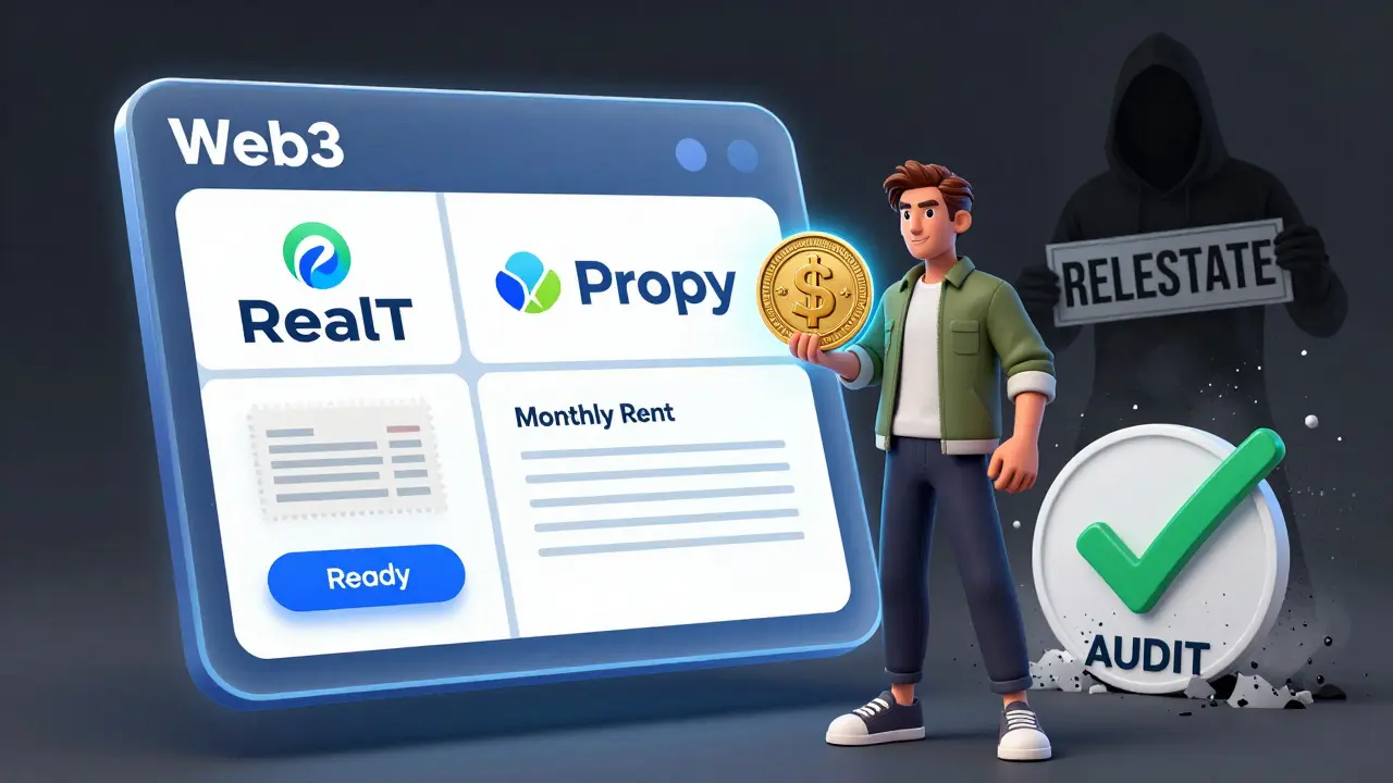 A Web3 wallet displaying RealT and Propy logos with USDC coin backed by U.S. Treasury seal, while a scammer fades away under a verified audit checkmark.