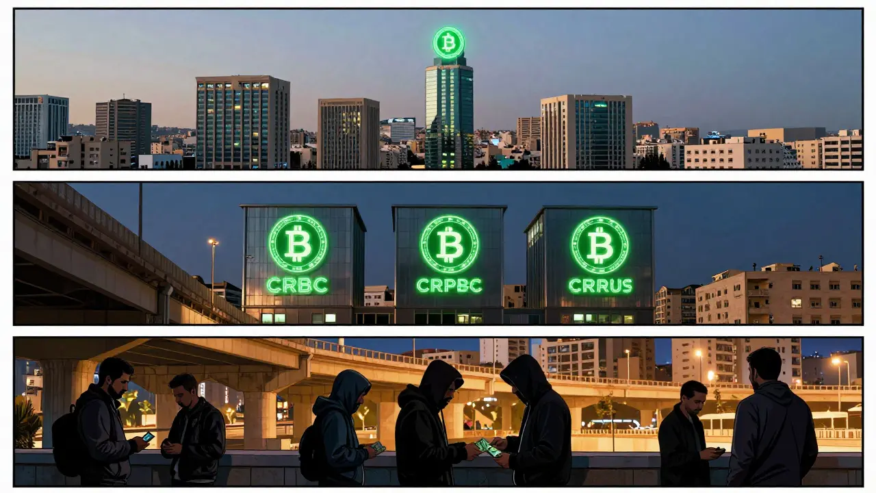 Amman’s skyline at dawn shows three layers: a CBDC symbol above government buildings, licensed exchanges glowing green, and underground P2P traders in shadows.