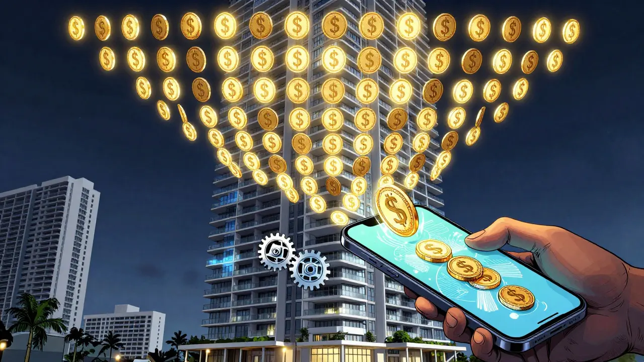 An apartment building transforming into floating tokens, with a hand from Nairobi purchasing one as smart contracts process rent automatically.