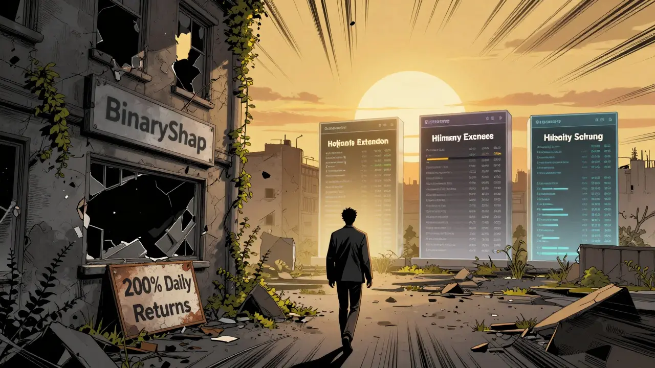 An investor walking away from a ruined 'BinarySwap' building as legitimate exchanges shine in the distance.