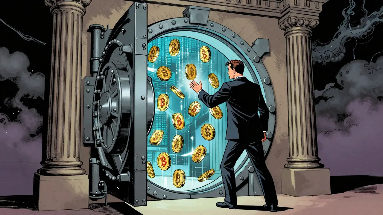 Bank vault opening to digital currency blocks