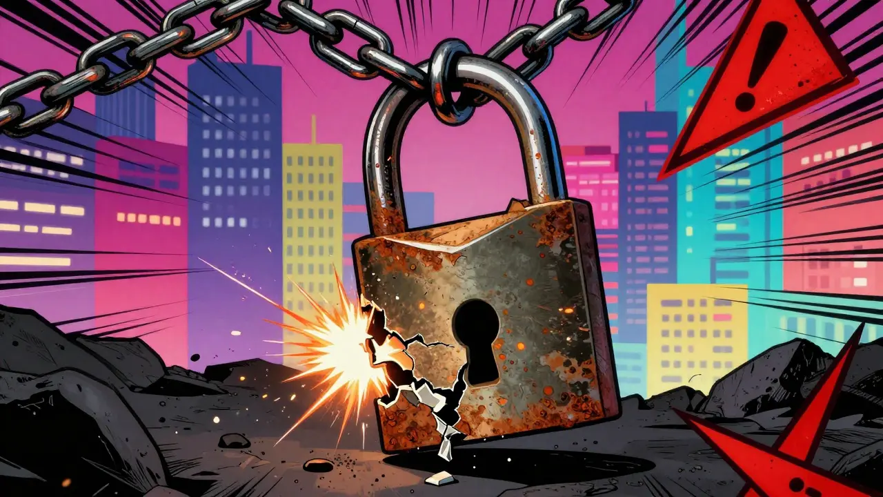 Broken digital lock symbolizing security risks in comic art.
