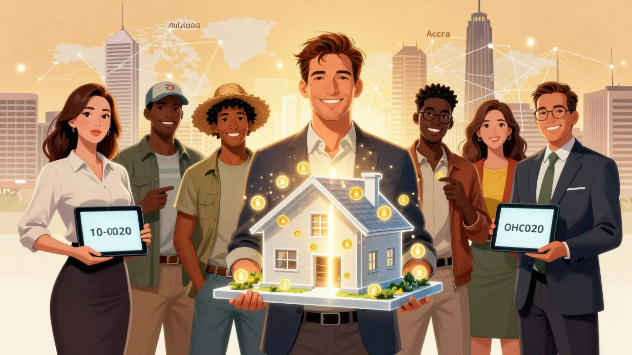 Diverse individuals hold tokens representing fractional ownership of a house, with global property links glowing in the background.
