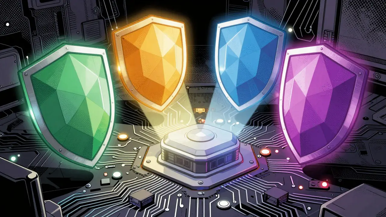 Four colored energy shields protecting a central core circuit board in a comic book style illustration.
